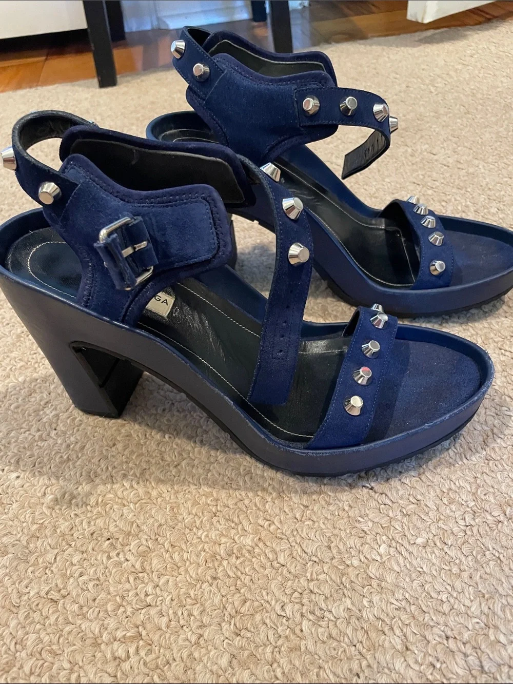 Balenciaga Women’s Navy Studded Block Heel Sandals - Picture 5 of 9